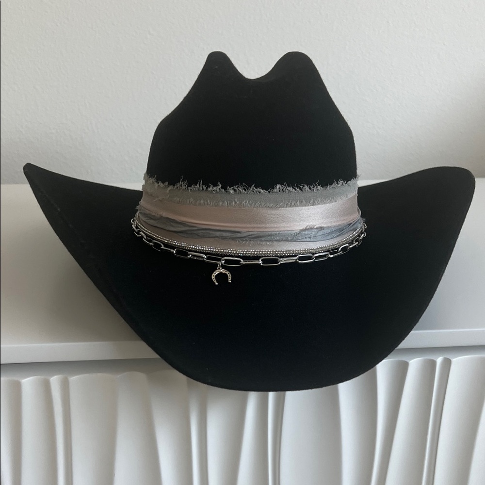 Custom Western Black Hat with Silver Chain Detail